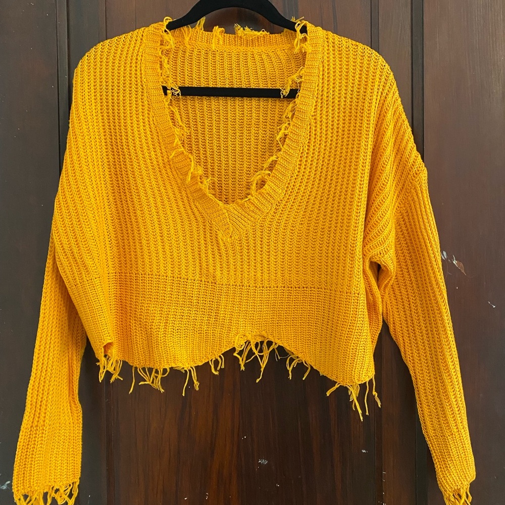 Golden Distressed Cropped Sweater